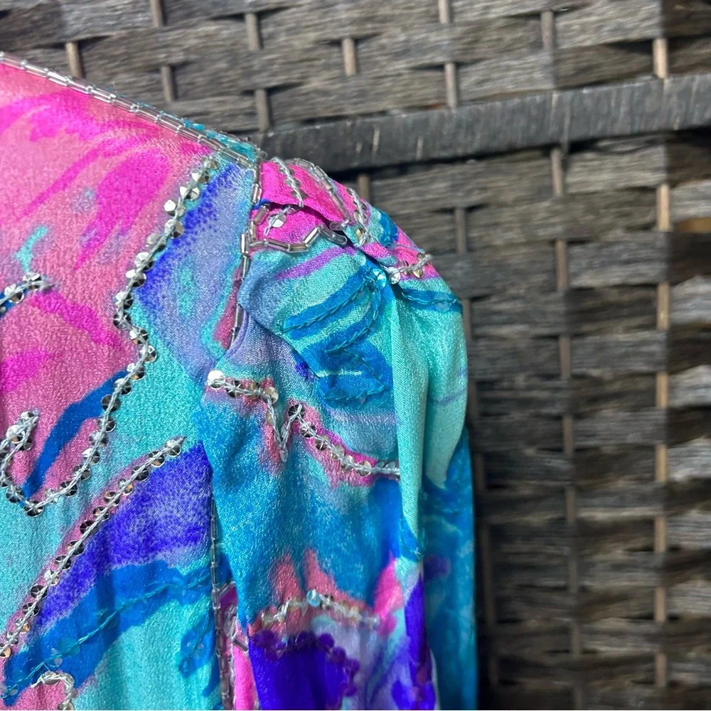 Neiman Marcus vintage beaded midi maxi length colorful silk dress size medium